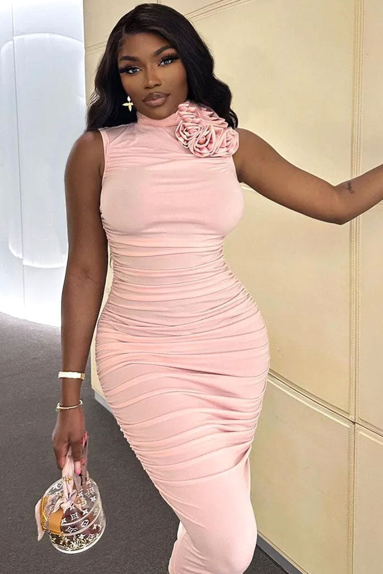 Chic Rosette Corsage High Neck Sleeveless Ruched Cocktail Party Midi Dress - Pink