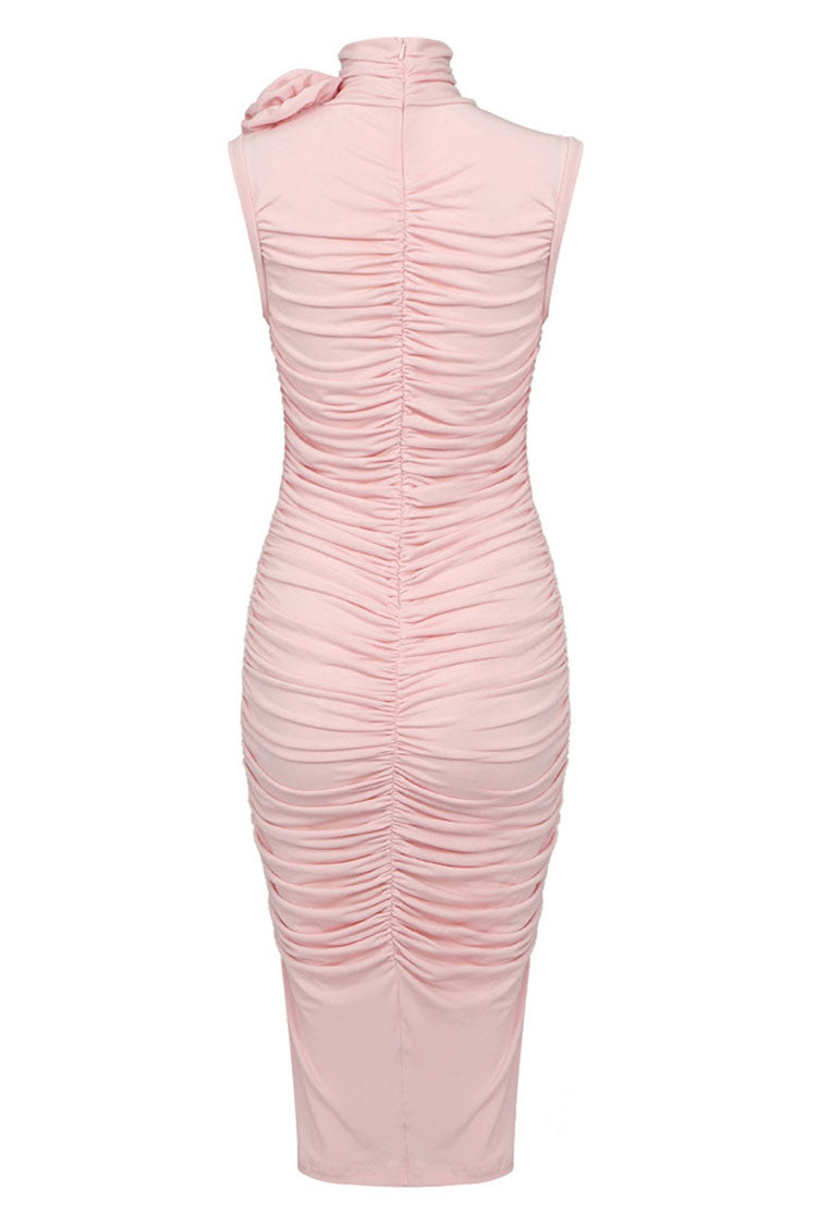 Chic Rosette Corsage High Neck Sleeveless Ruched Cocktail Party Midi Dress - Pink