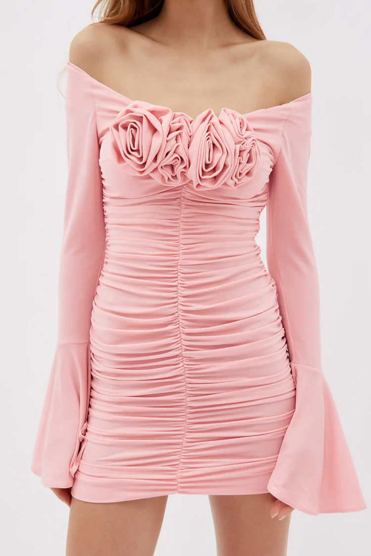 Alluring Rosette Corsage Off Shoulder Bell Sleeve Ruched Party Mini Dress - Pink