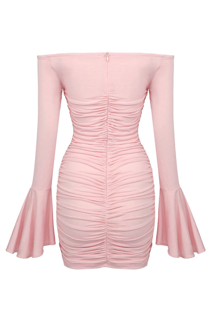 Alluring Rosette Corsage Off Shoulder Bell Sleeve Ruched Party Mini Dress - Pink