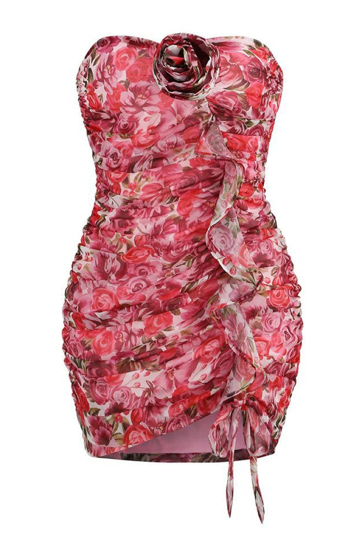 Sexy Rosette Sweetheart Ruffle Trim Ruched Strapless Party Mini Dress - Bloom