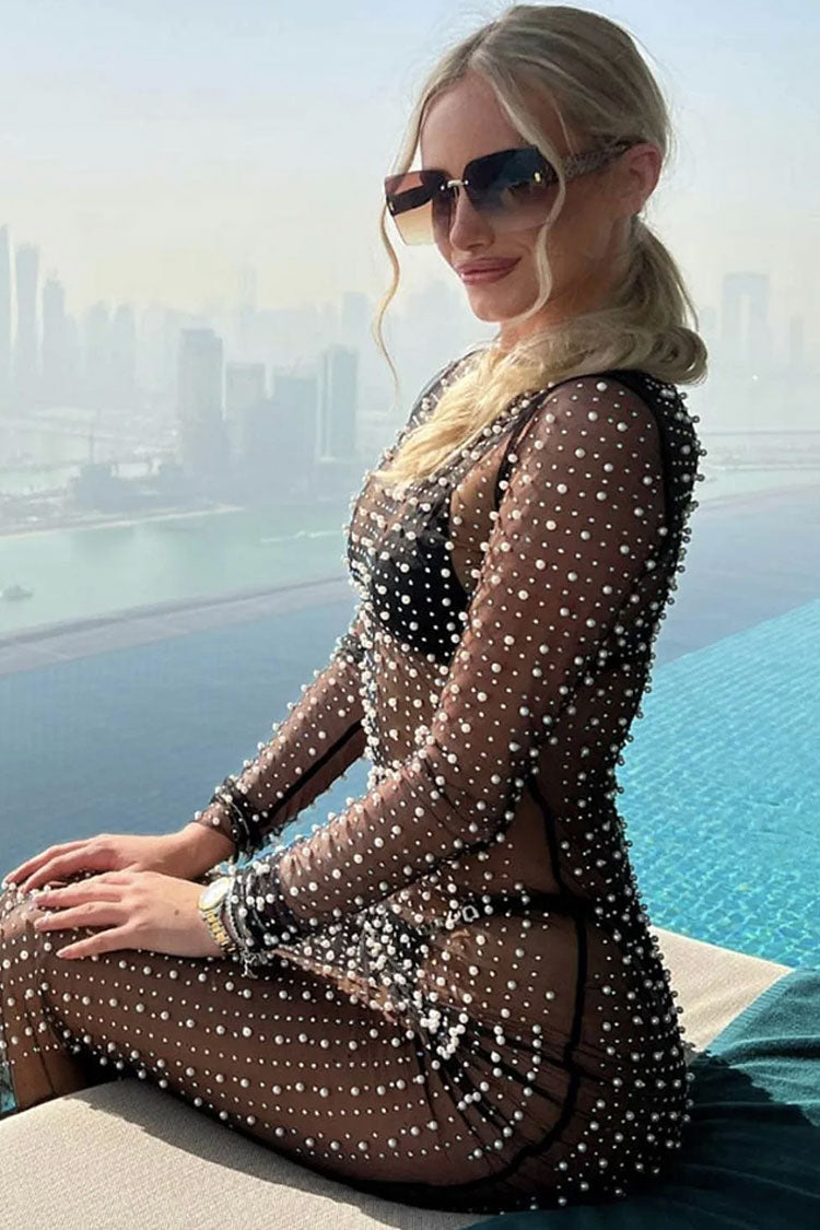 Alluring Round Neck Long Sleeve Faux Pearl Split Sheer Mesh Maxi Dress - Black