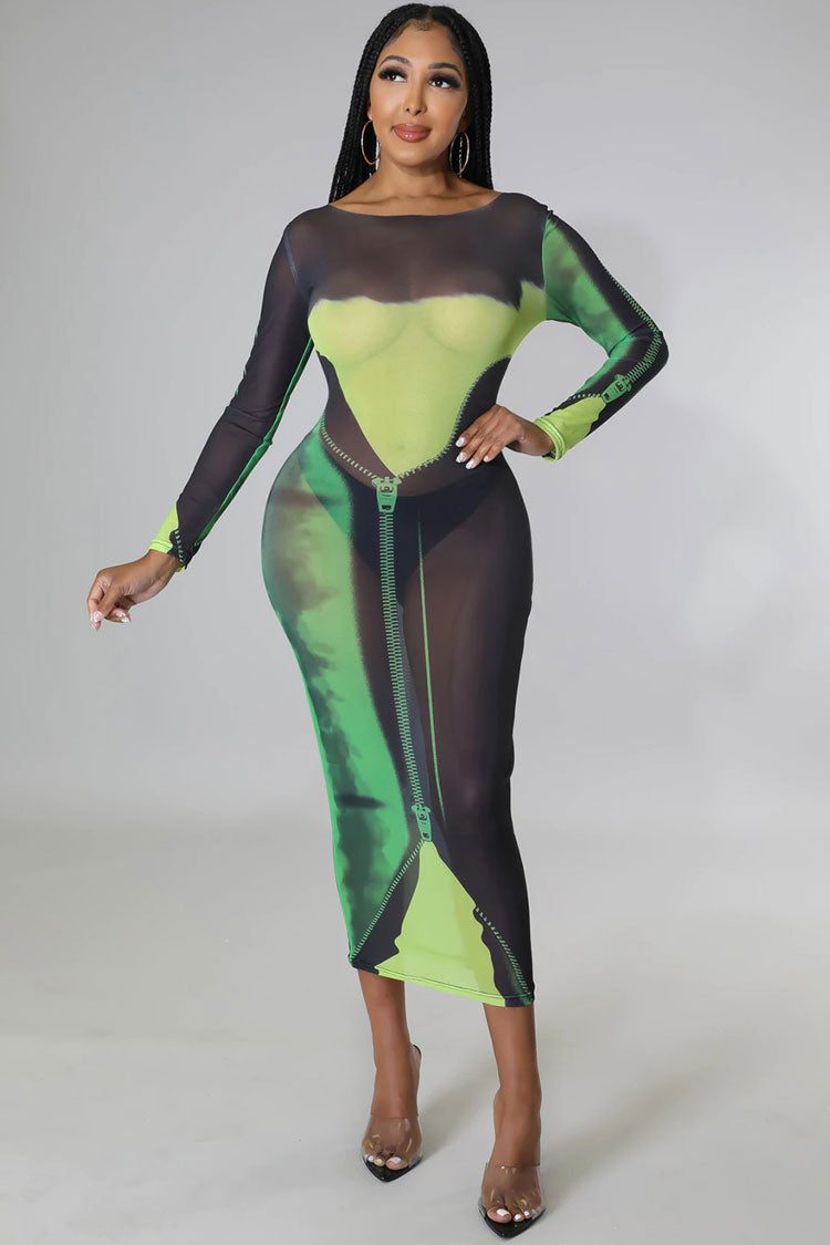 Chic Round Neck Tie Dye Printed Long Sleeve Sheer Mesh Midi Dress - Green