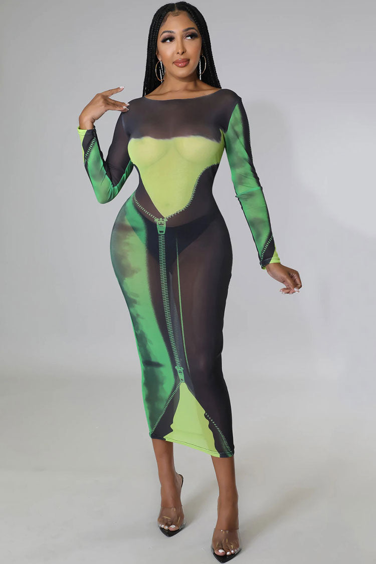 Chic Round Neck Tie Dye Printed Long Sleeve Sheer Mesh Midi Dress - Green