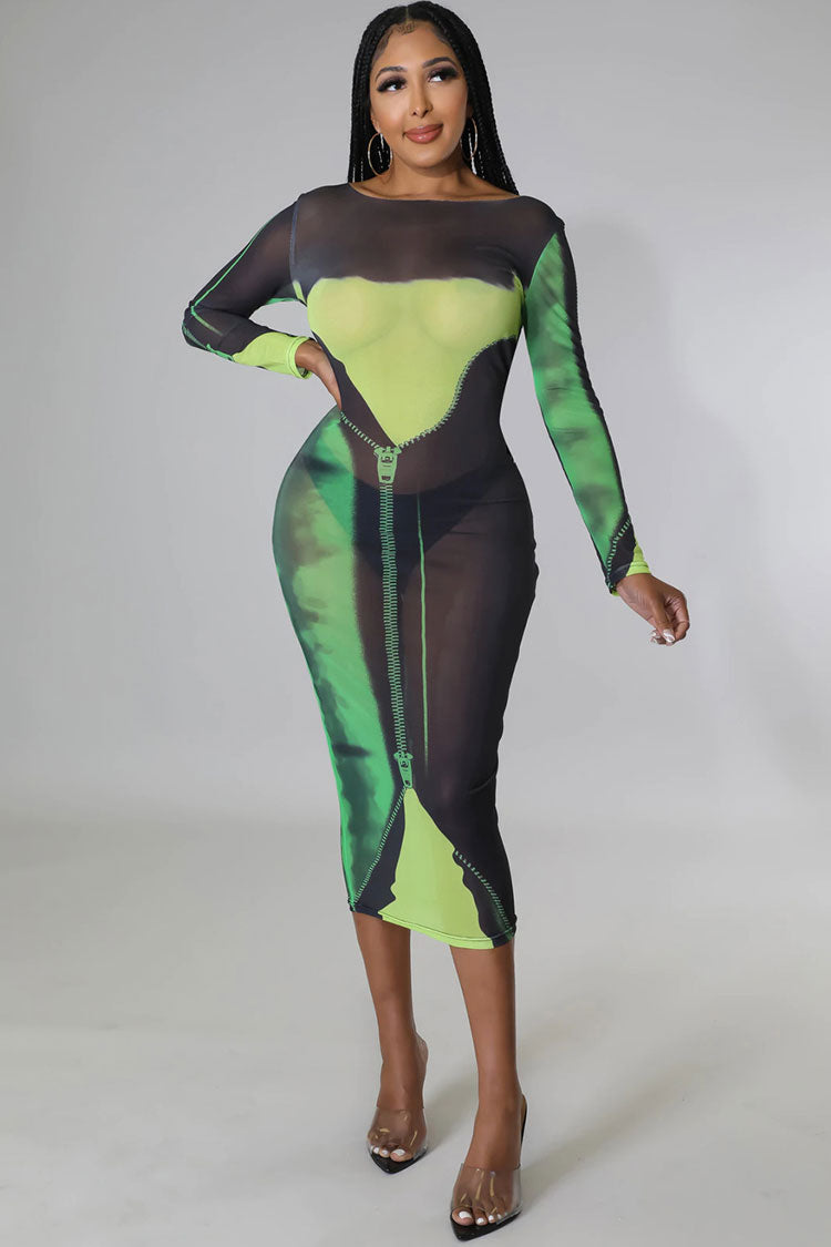 Chic Round Neck Tie Dye Printed Long Sleeve Sheer Mesh Midi Dress - Green