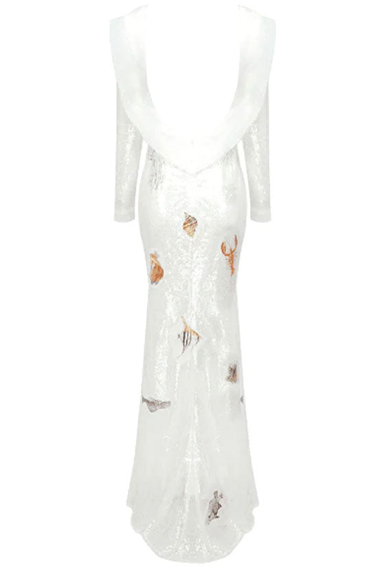 Alluring Ruffle Backless Applique Off Shoulder Sequin Sheer Mesh Maxi Dress - White
