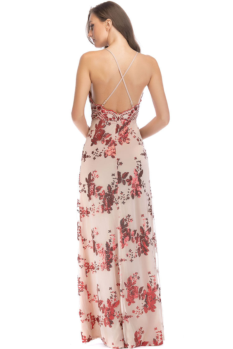 Glamorous Scalloped Deep V High Split Sequin Lace Evening Maxi Dress - Red