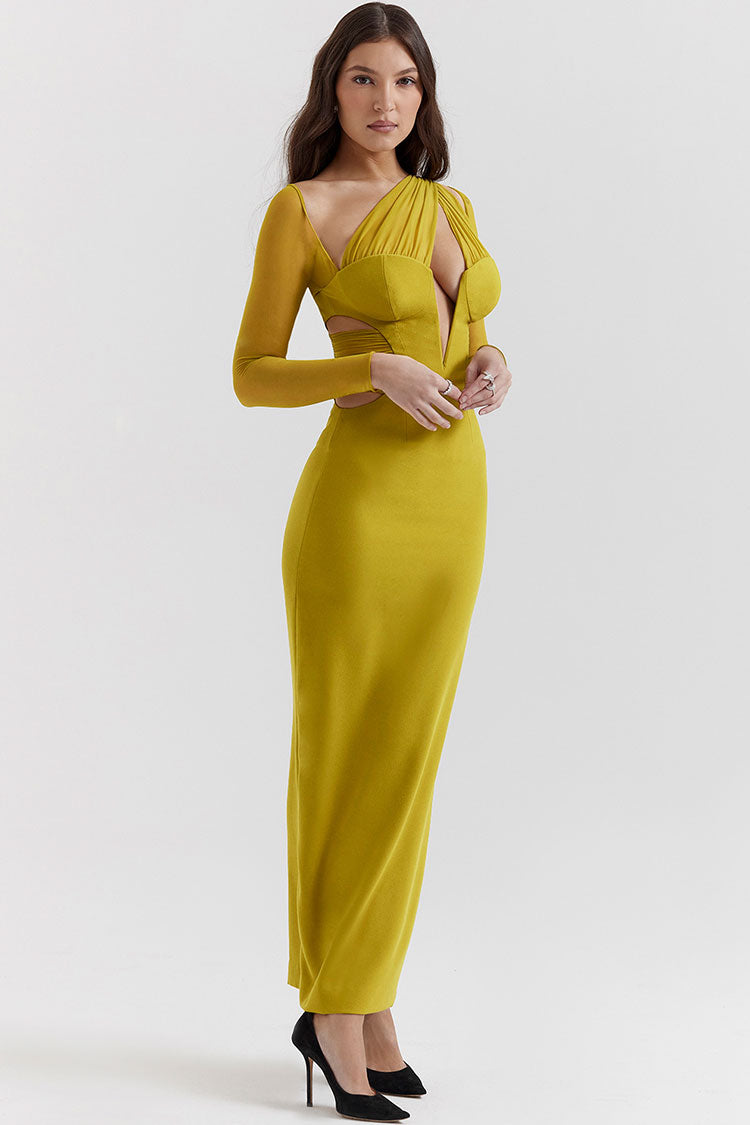 Glamorous Sheer Ruched One Shoulder Cutout Bodycon Evening Maxi Dress - Yellow