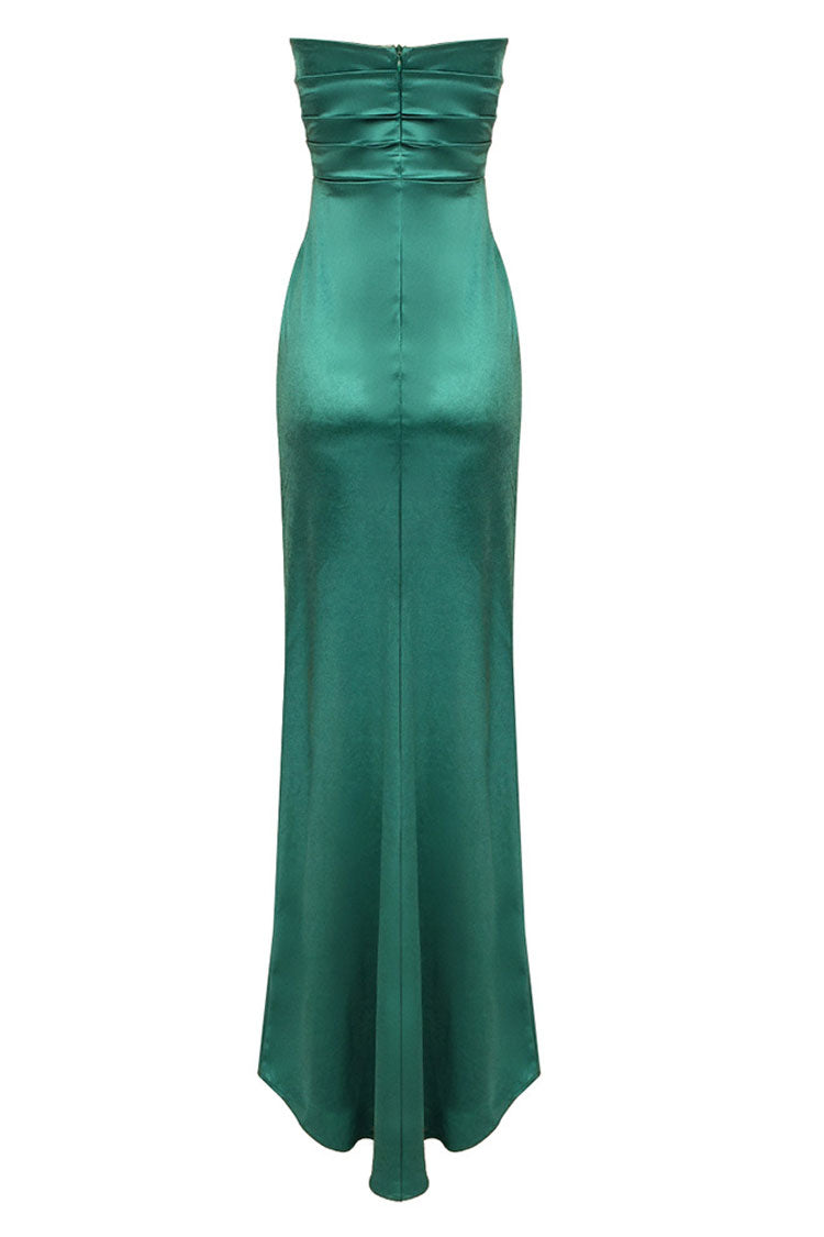 Stylish Silky Satin Cowl Neck Pleated High Split Strapless Evening Maxi Dress - Emerald Green