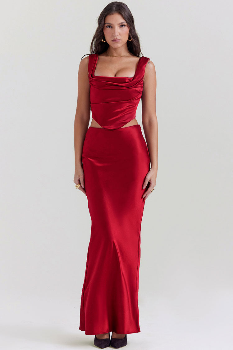 Stylish Silky Satin Lace Up Backless Crop Corset Maxi Skirt Two Piece Dress - Red