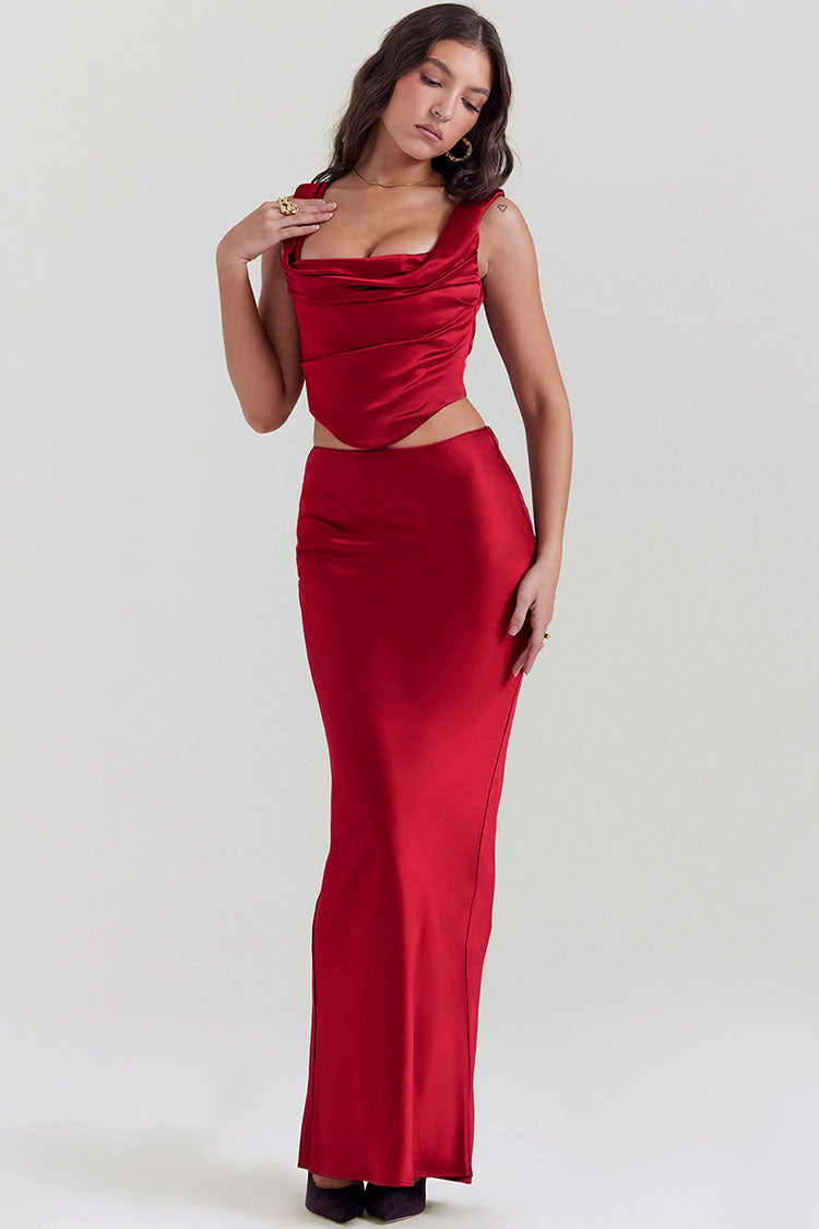 Stylish Silky Satin Lace Up Backless Crop Corset Maxi Skirt Two Piece Dress - Red