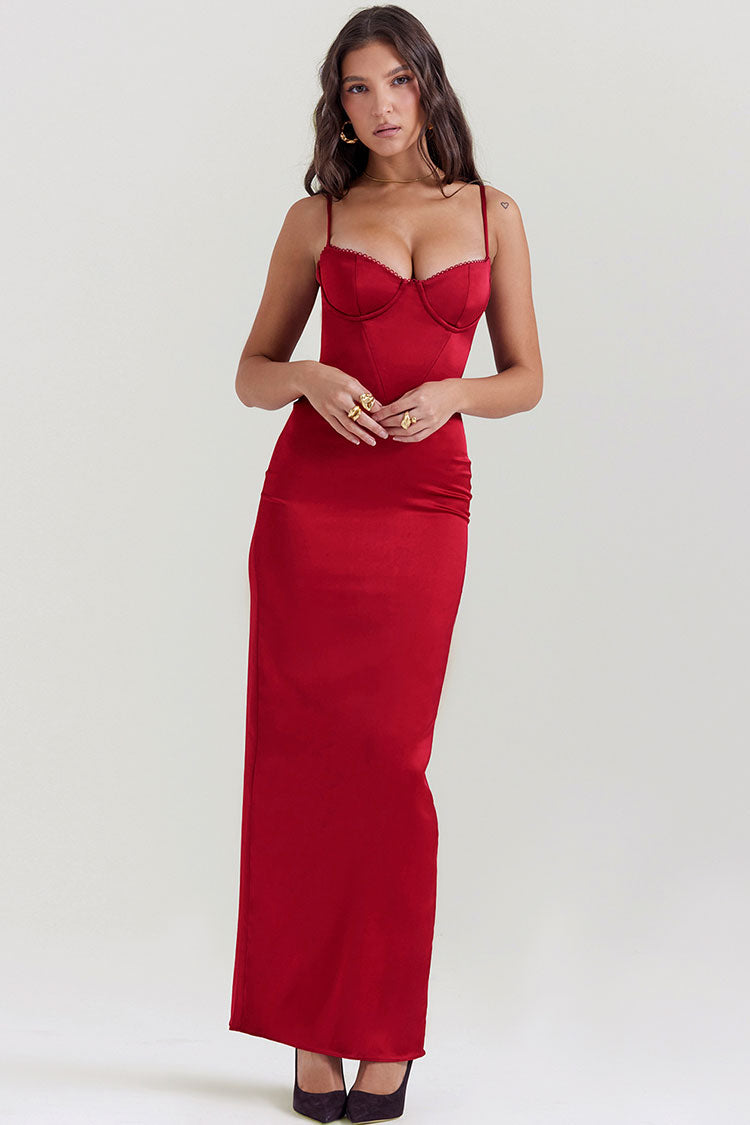 Stylish Silky Satin Sweetheart Spaghetti Strap Split Corset Evening Maxi Dress - Red