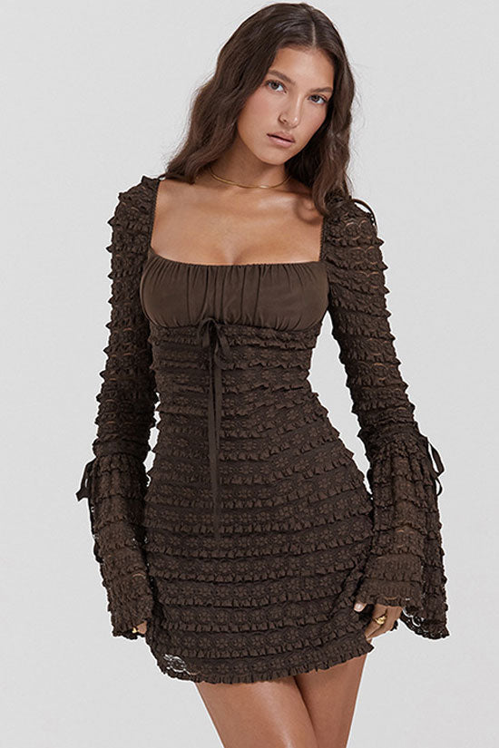 Chic Square Neck Flared Sleeve Tiered Ruffle Lace Bodycon Party Mini Dress - Coffee