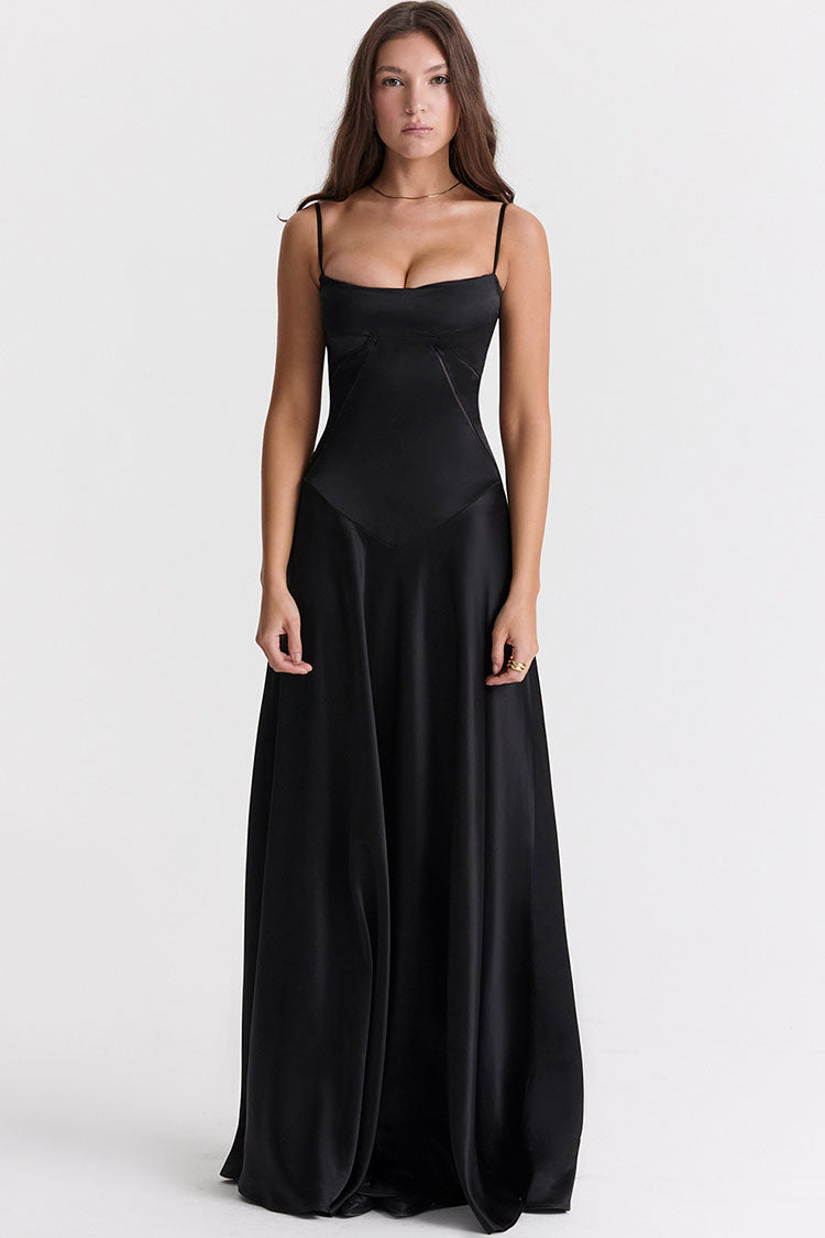 Glamorous Square Neck Pintuck Trim Lace Up Back Satin Slip Maxi Dress - Black