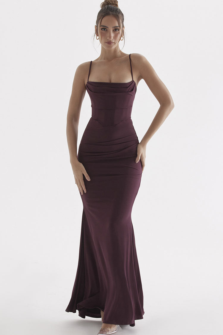 Glamorous Square Neck Ruched Corset Fishtail Evening Maxi Dress - Fuchsia
