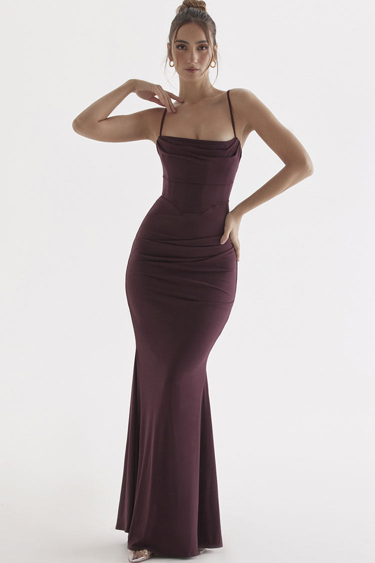 Glamorous Square Neck Ruched Corset Fishtail Evening Maxi Dress - Fuchsia