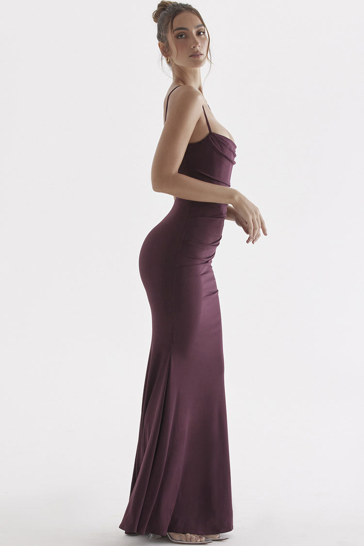 Glamorous Square Neck Ruched Corset Fishtail Evening Maxi Dress - Fuchsia