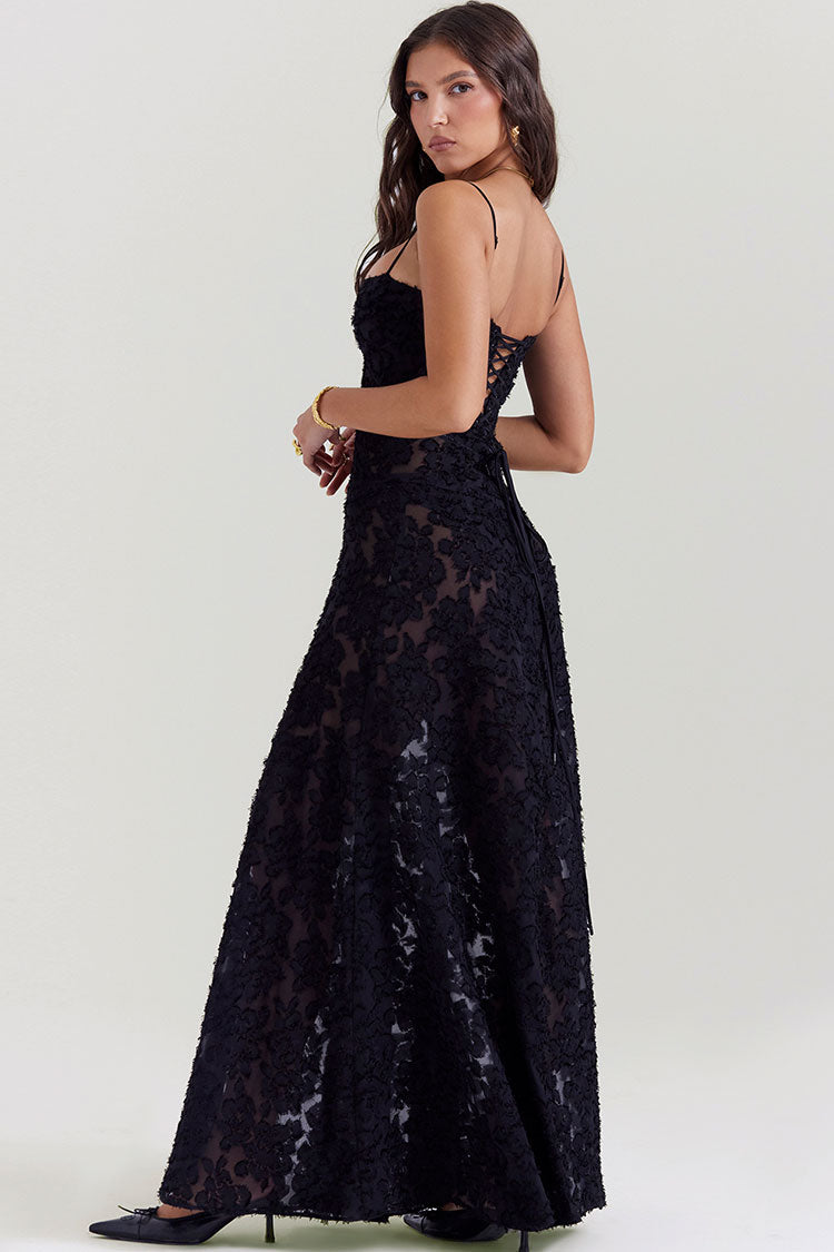 Stylish Square Neck Spaghetti Strap Lace Up Floral Lace Slip Maxi Dress - Black