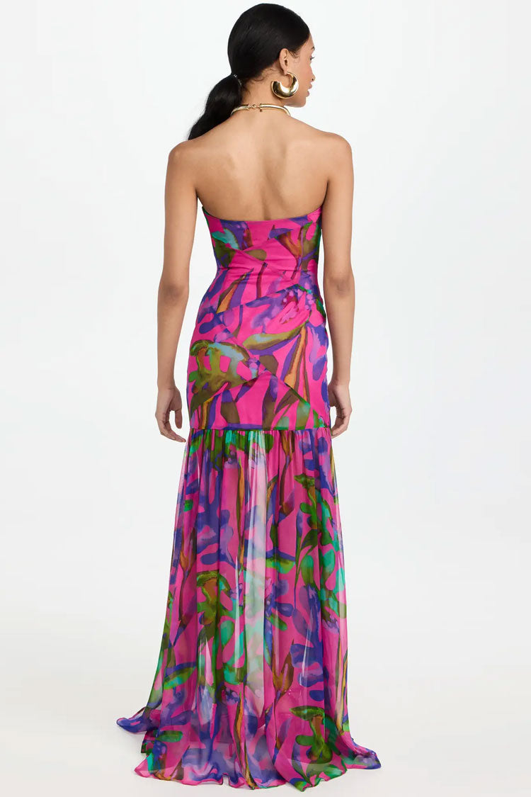 Alluring Strapless Printed Patchwork Ruffle Split Maxi Beach Vacation Dress - Hot Pink