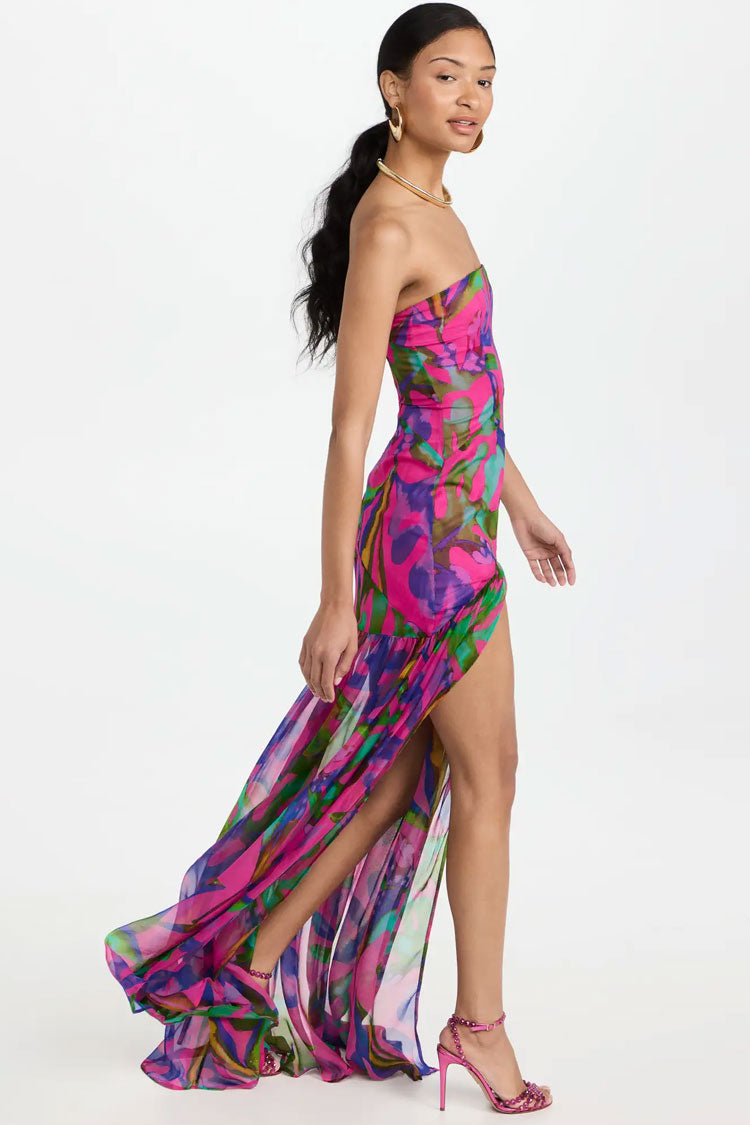 Alluring Strapless Printed Patchwork Ruffle Split Maxi Beach Vacation Dress - Hot Pink
