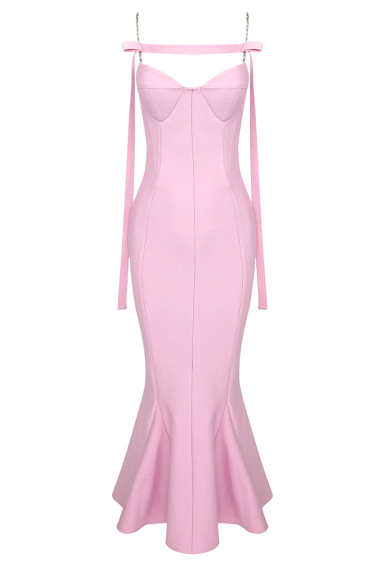 Chic Sweetheart Chain Strap Bandage Fishtail Cocktail Party Midi Dress - Pink