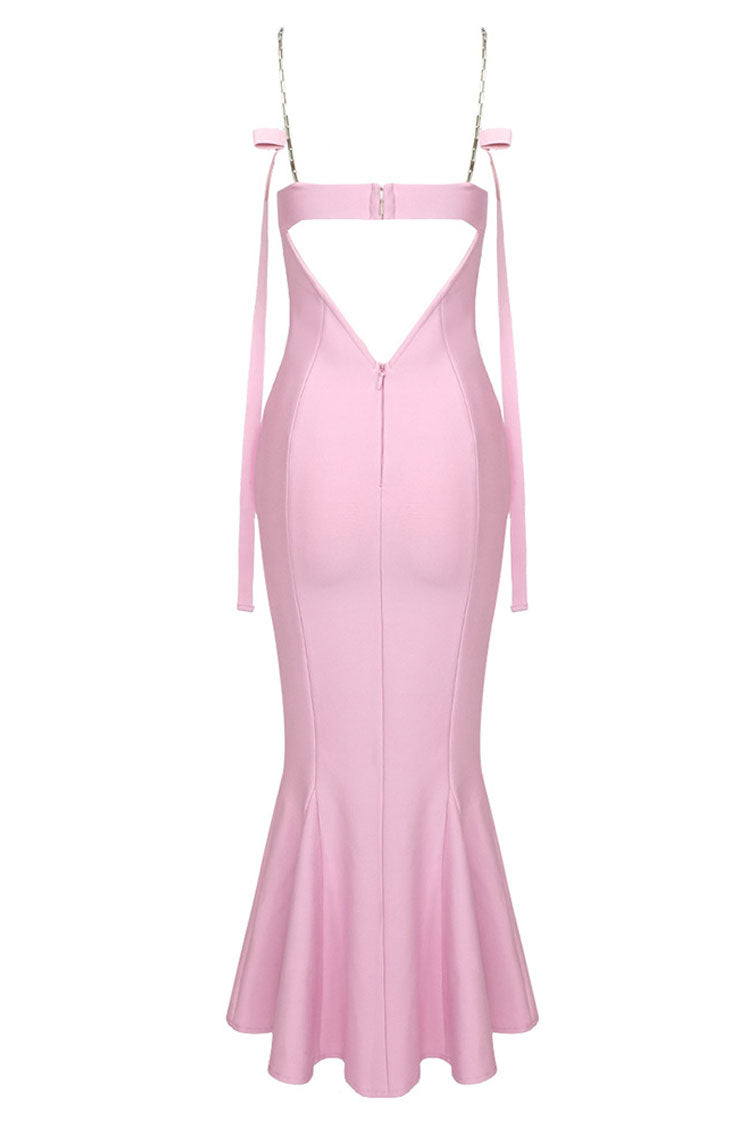 Chic Sweetheart Chain Strap Bandage Fishtail Cocktail Party Midi Dress - Pink