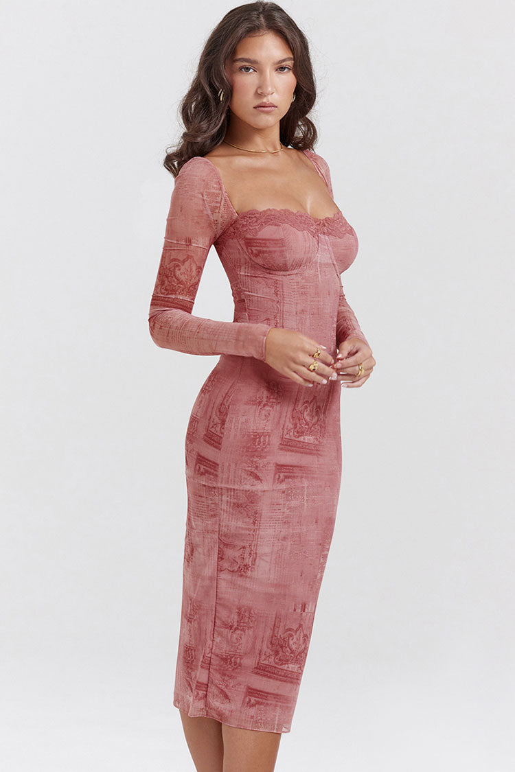 Chic Sweetheart Lace Up Back Bodycon Printed Cocktail Party Midi Dress - Pink