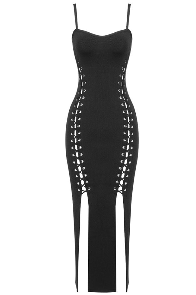 Chic Sweetheart Lace Up Thigh High Slit Bandage Prom Midi Dress - Black