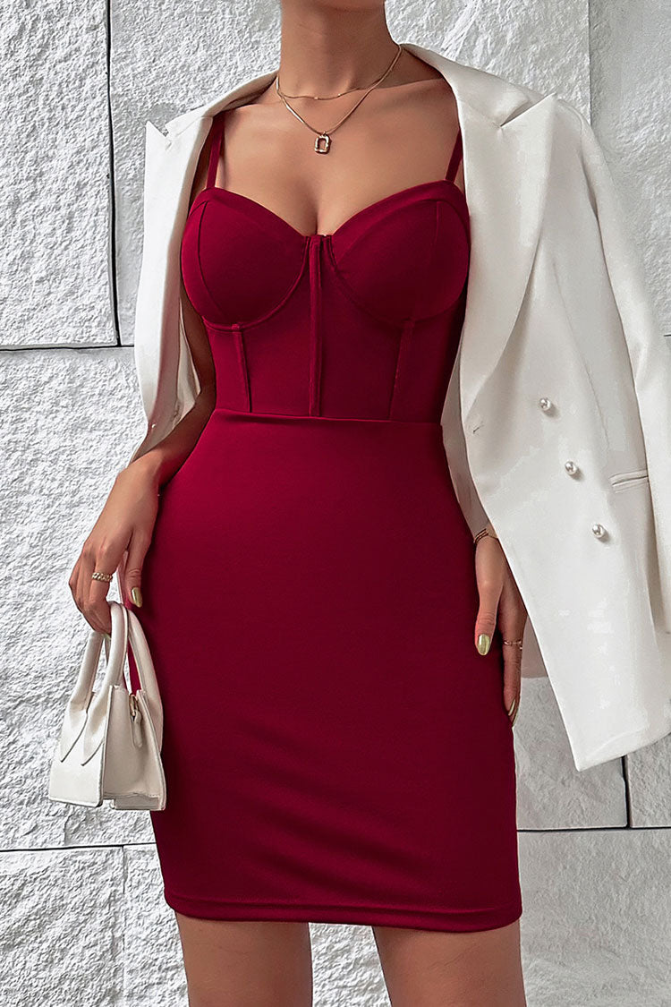 Alluring Sweetheart Neck Bodycon Mesh Corset Cocktail Party Mini Dress - Burgundy