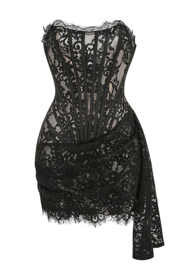 Alluring Sweetheart Neck Ruched Draped Corset Lace Prom Party Mini Dress - Black