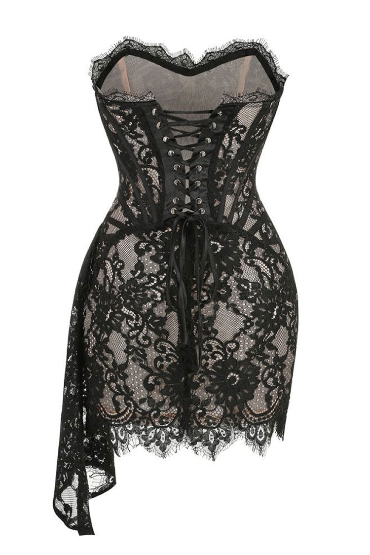 Alluring Sweetheart Neck Ruched Draped Corset Lace Prom Party Mini Dress - Black