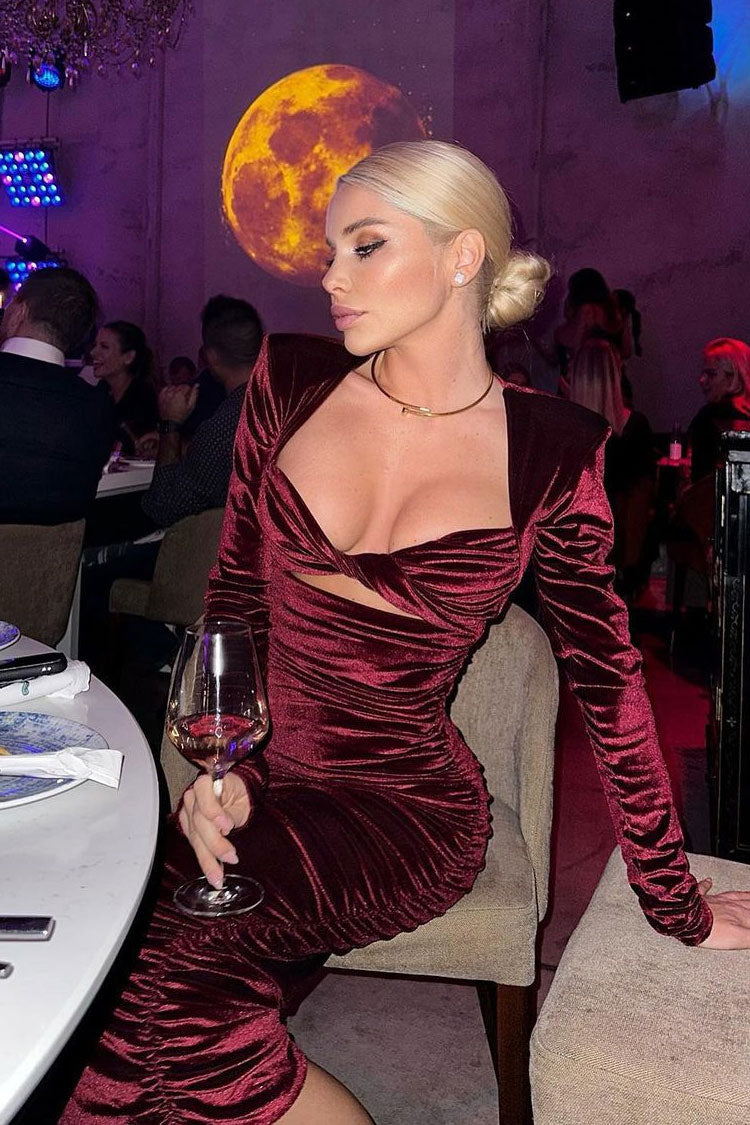 Chic Twist Front Cutout Shoulder Pad Velvet Ruched Cocktail Midi Dress - Burgundy