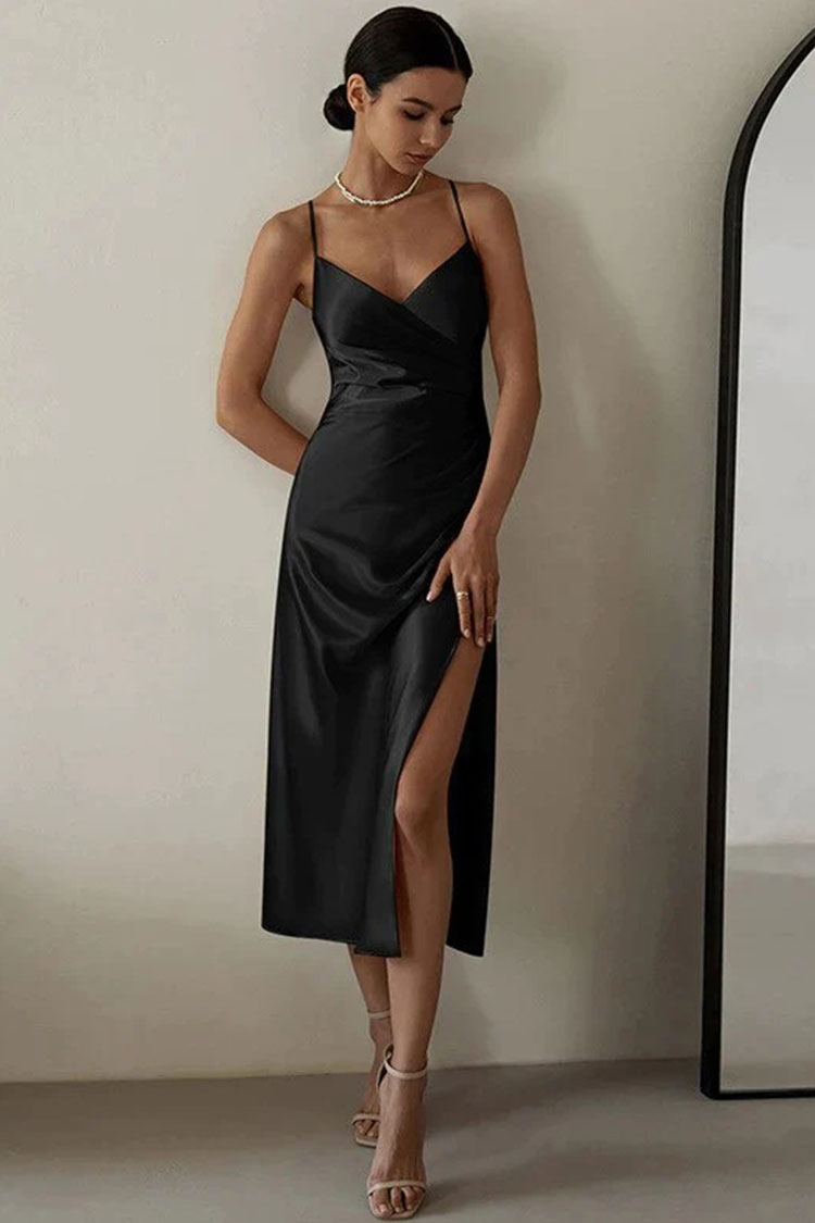 Chic V Neck Ruched Trim High Split Cami Cocktail Party Midi Dress - Black
