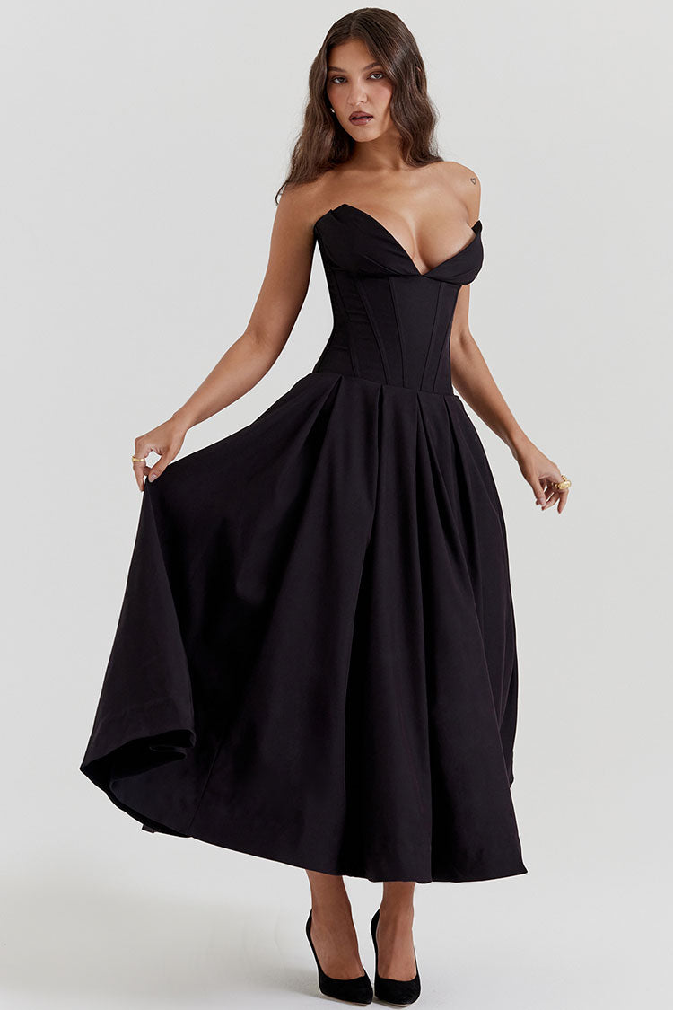 Chic V Neck Strapless Fit & Flare Pleated Corset Cocktail Party Midi Dress - Black