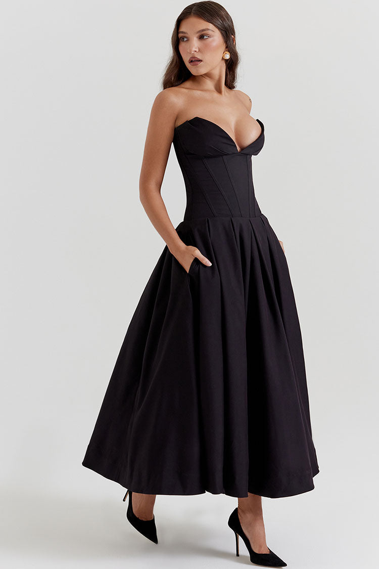 Chic V Neck Strapless Fit & Flare Pleated Corset Cocktail Party Midi Dress - Black