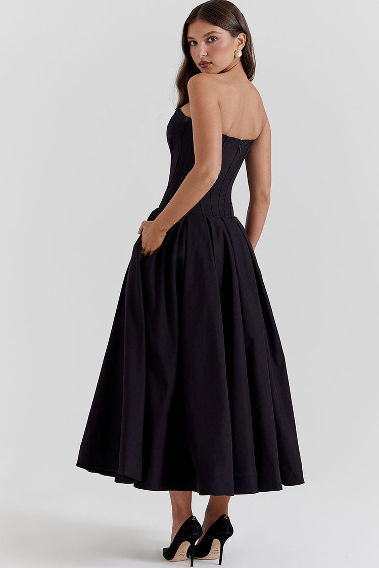 Chic V Neck Strapless Fit & Flare Pleated Corset Cocktail Party Midi Dress - Black