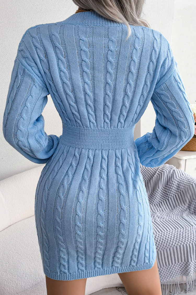 Attractive V Neck Winter Fisherman Cable Knit Sweater Mini Dress - Blue