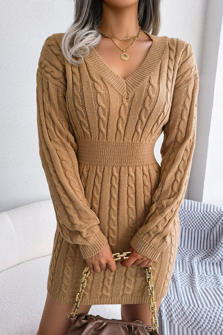 Attractive V Neck Winter Fisherman Cable Knit Sweater Mini Dress - Khaki