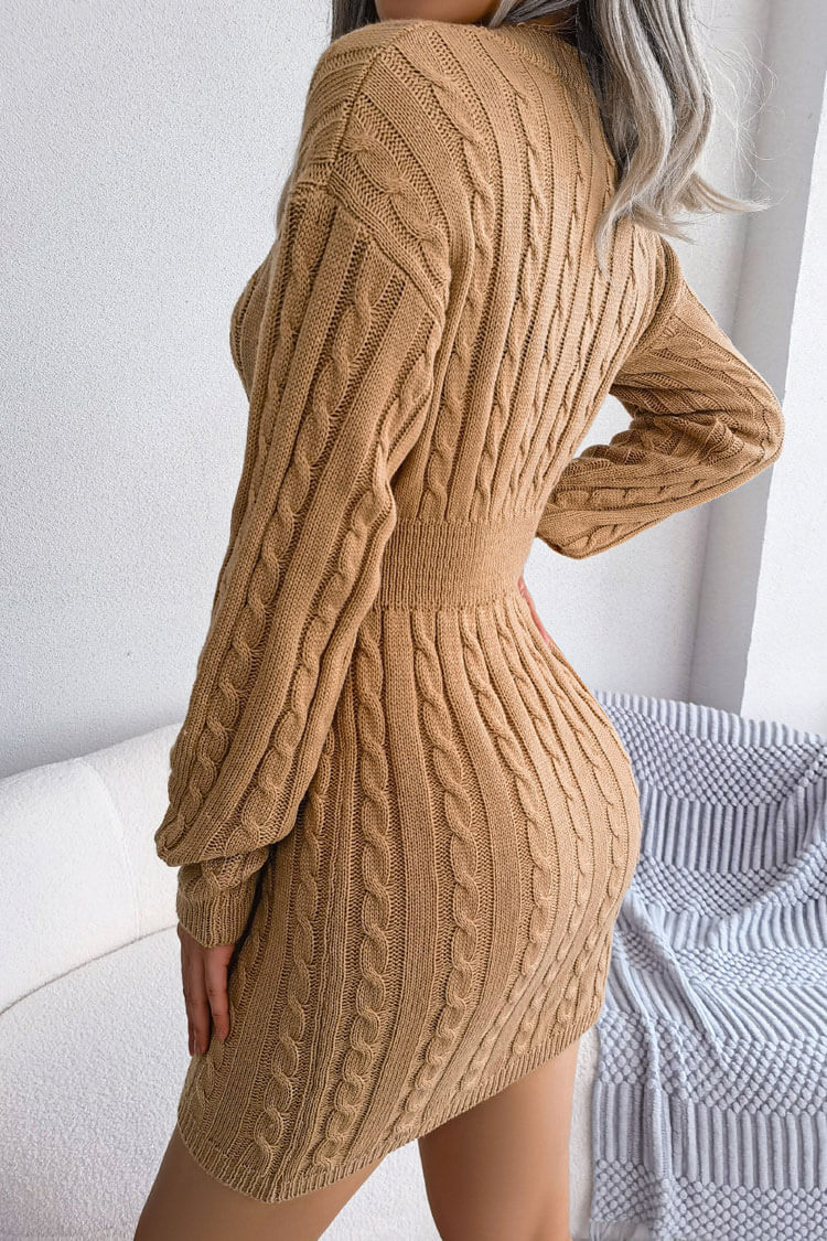 Attractive V Neck Winter Fisherman Cable Knit Sweater Mini Dress - Khaki