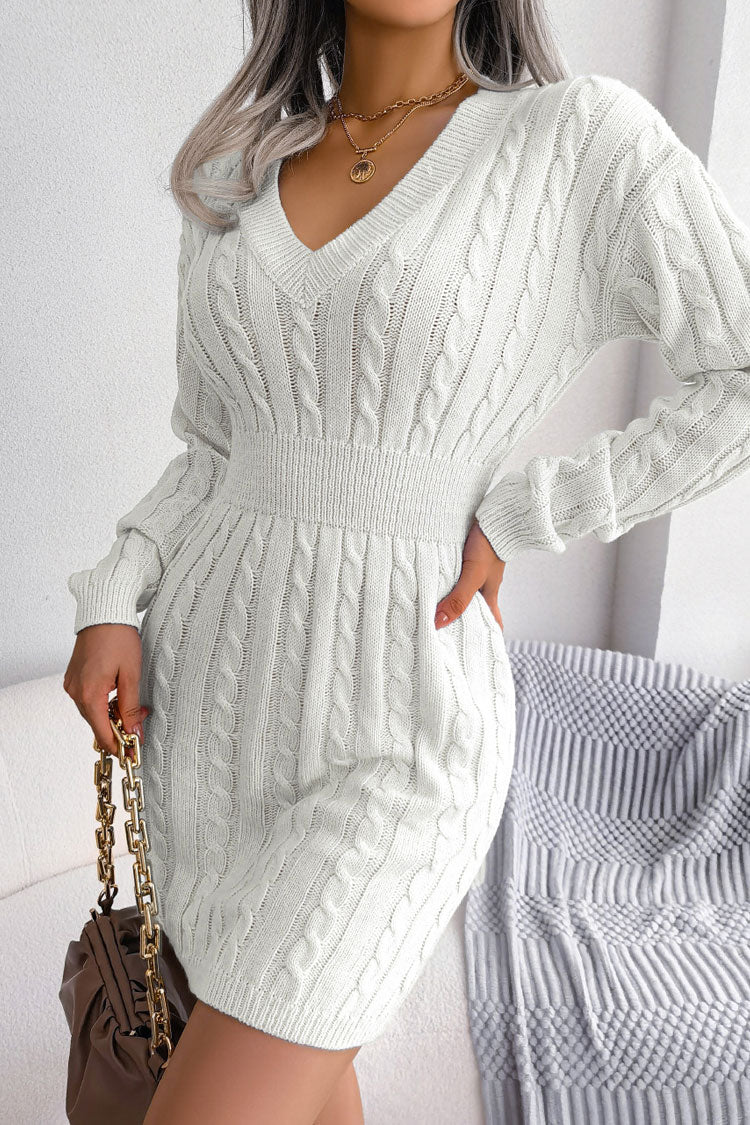 Attractive V Neck Winter Fisherman Cable Knit Sweater Mini Dress - White