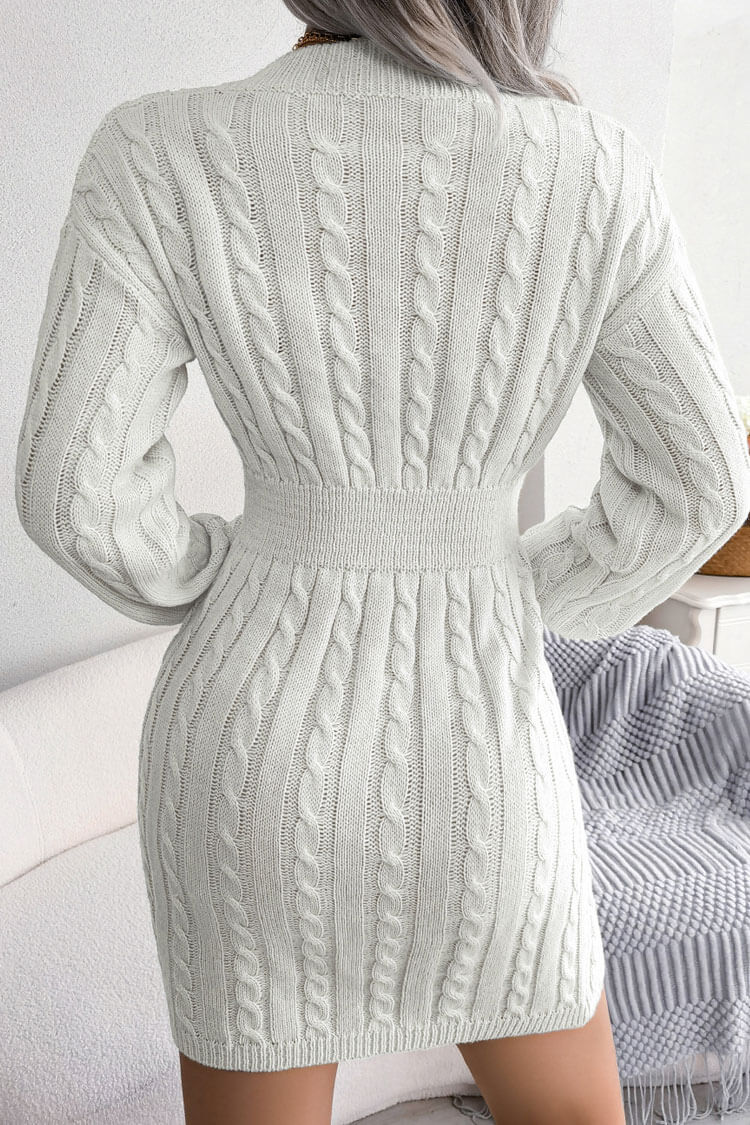 Attractive V Neck Winter Fisherman Cable Knit Sweater Mini Dress - White