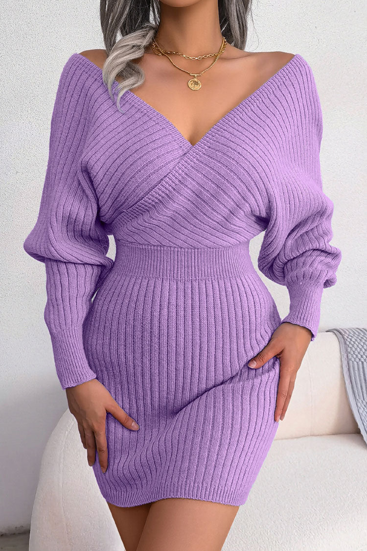 Attractive Winter Wrap V Neck Rib Knit Sweater Mini Dress - Purple