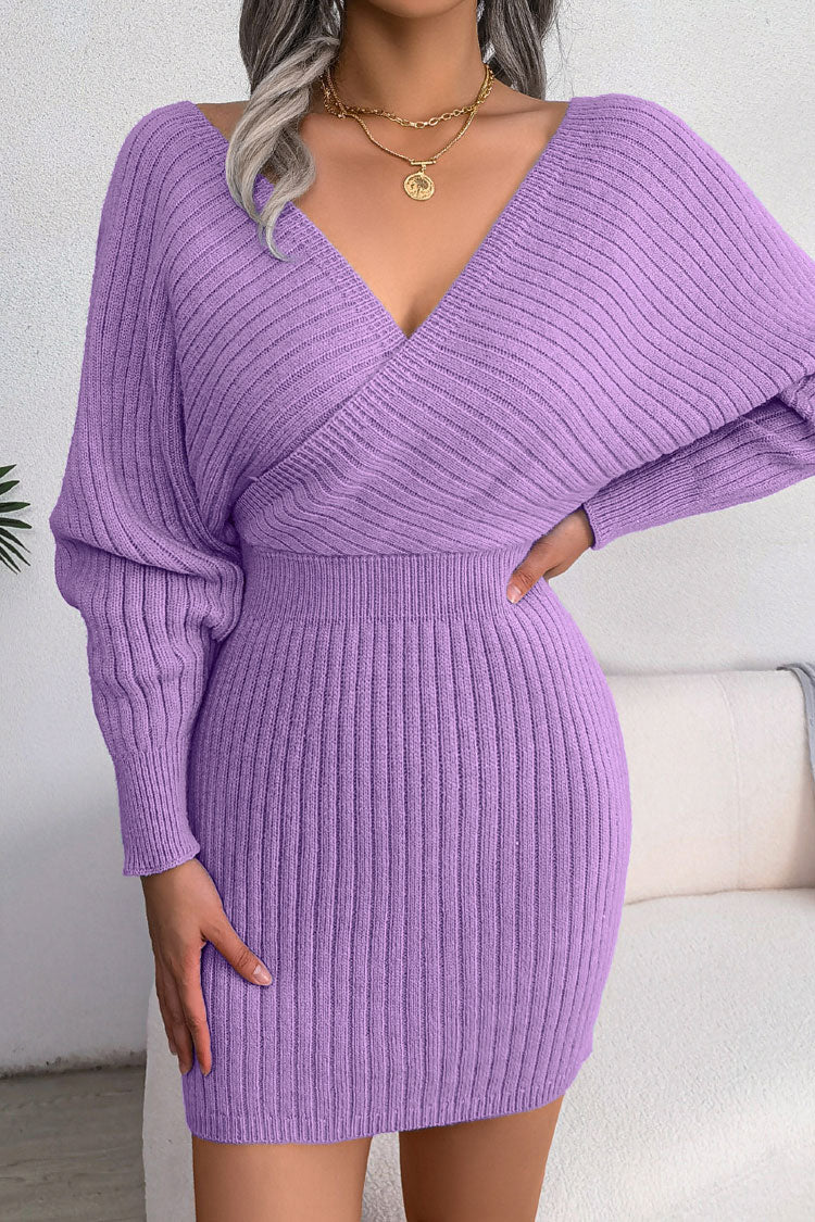 Attractive Winter Wrap V Neck Rib Knit Sweater Mini Dress - Purple