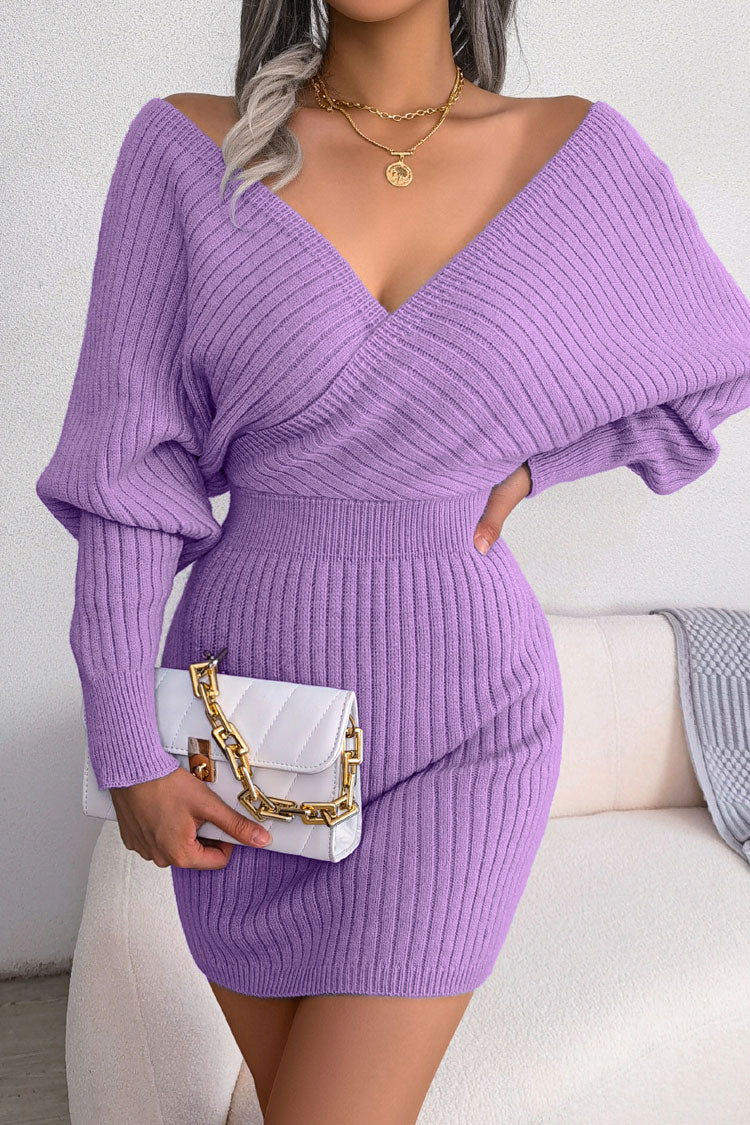 Attractive Winter Wrap V Neck Rib Knit Sweater Mini Dress - Purple