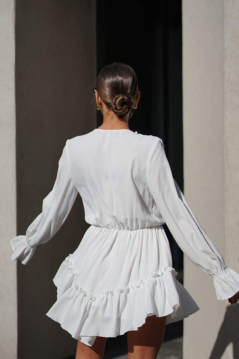 Exclusive Ingrid V Neck Ruffle Mini Dress Boutique Collection
