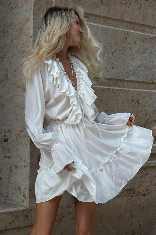 Exclusive Ingrid V Neck Ruffle Mini Dress Boutique Collection