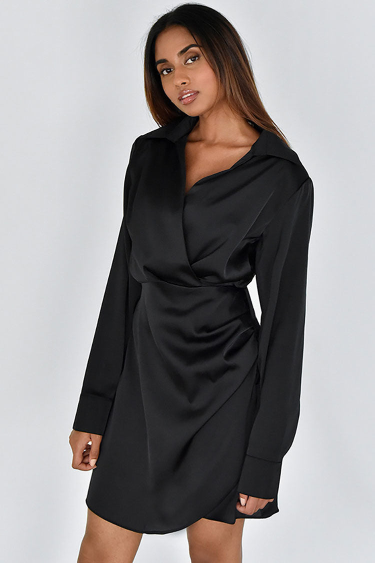 Collared Silky V Neck Ruched Wrap Trim Long Sleeve Mini Dress - Black