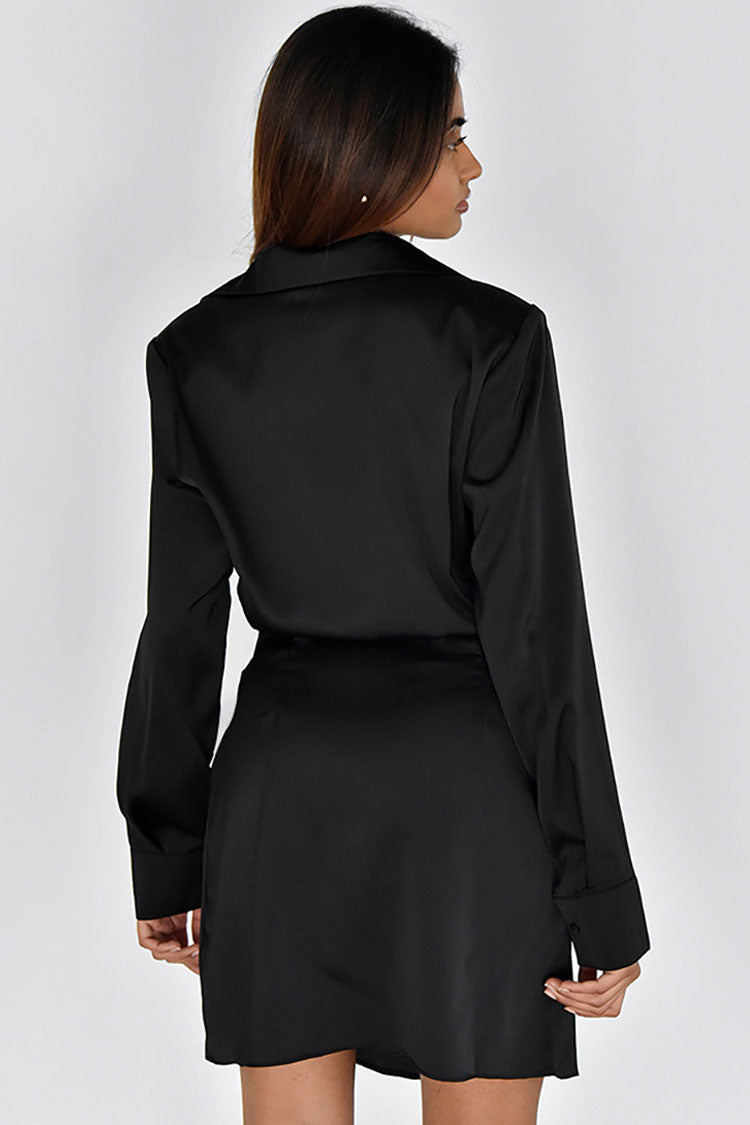 Collared Silky V Neck Ruched Wrap Trim Long Sleeve Mini Dress - Black