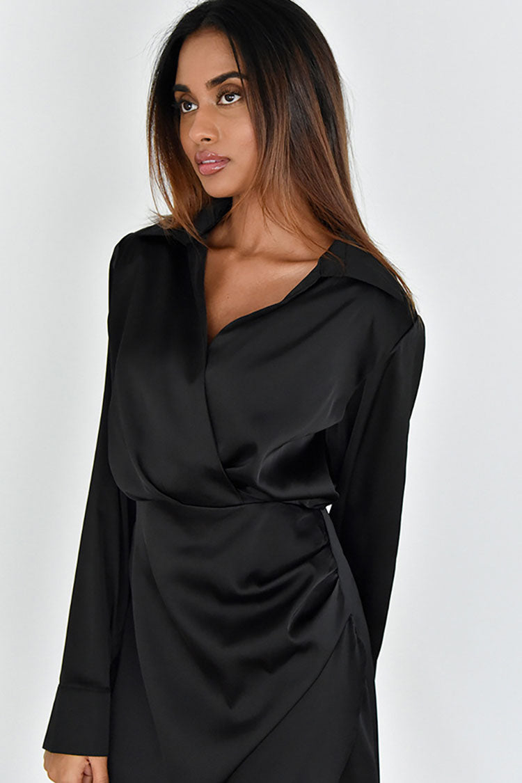 Collared Silky V Neck Ruched Wrap Trim Long Sleeve Mini Dress - Black