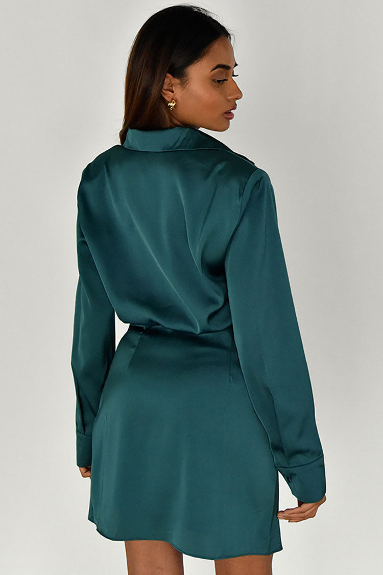 Collared Silky V Neck Ruched Wrap Trim Long Sleeve Mini Dress - Emerald Green